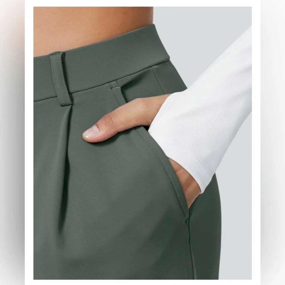 Daystretch High Waisted Pocket Straight Leg Work Pants Size M Petite Green - Picture 3 of 5